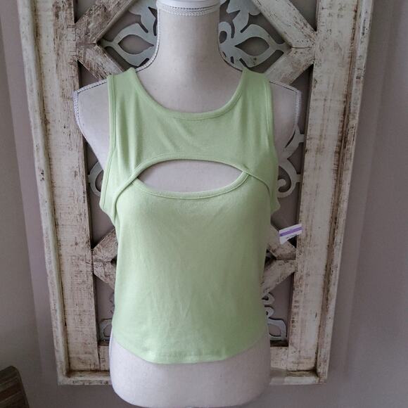 Abound Women's Ribbed Cut-Out Cotton Crop Tank Top in Green - Picture 1 of 5